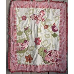 CoCalo Crib Blanket Pink Embroidered Comforter Turtles Butterflies 41" X 36"